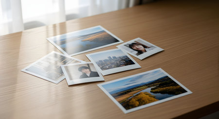 A collection of printed photographs showing landscapes and portraits scattered casually on a light wooden table. The image suggests nostalgia, memory keeping, or the review of physical prints.の素材