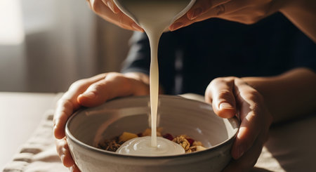 Hands pouring a smooth stream of milk or yogurt from a pitcher into a bowl of granola and fruit. The warm lighting highlights the healthy, appetizing nature of a fresh breakfast preparation.の素材