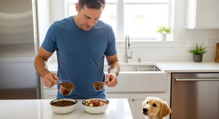 A man in a blue shirt stands in a bright, modern kitchen preparing two bowls of dog food using measuring cups. A young golden retriever puppy sits patiently on the floor, looking up at him with anticipation during mealtime.の素材
