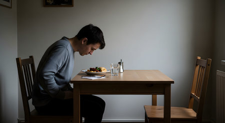 A young man sits alone at a wooden dining table, staring down at his meal with a slumped posture. The scene conveys loneliness, sadness, lack of appetite, or deep thought during a solitary meal.の素材