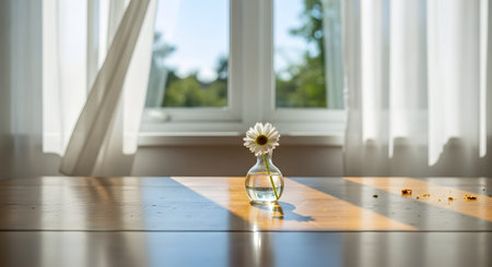 A single white daisy in a small glass vase sits on a wooden table bathed in morning sunlight, with crumbs scattered nearby. The scene captures a quiet, perhaps post-breakfast moment with a focus on simple beauty and natural light.の素材