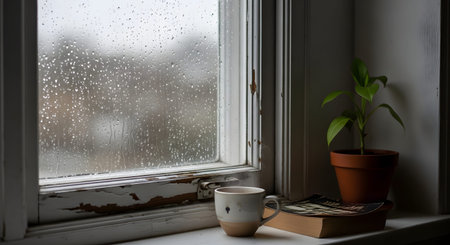 A view through a window covered in raindrops on a gloomy day, with a steaming cup of coffee and a book resting on the windowsill. A small green plant adds life to the cozy, contemplative scene, perfect for themes of relaxation or rainy day moods.の素材