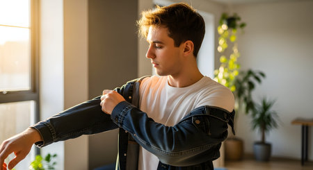 A young man stands in a bright room, putting on a blue denim jacket as part of his daily dressing routine. The side profile shot captures a casual fashion moment in a modern home environment.の素材