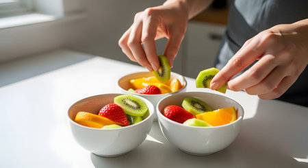 Hands placing kiwi slices into small white bowls filled with a mix of strawberries and oranges. The image captures the preparation of a healthy, colorful fruit salad breakfast on a sunny kitchen countertop.の素材