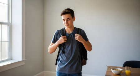 A teenage boy standing in a dining room putting on his backpack, ready to leave for school. A breakfast of cereal and orange juice sits on the table, capturing a typical morning routine.の素材