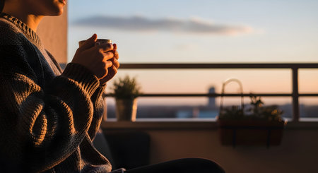 A person holding a warm cup of coffee or tea on a balcony while gazing at a city sunset. The scene evokes feelings of relaxation, peace, and enjoying a quiet moment at the end of the day.の素材