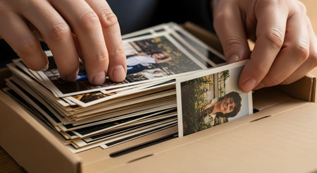 Close-up of hands sorting through a box filled with vintage printed photographs, pulling one out to view. The scene evokes nostalgia, family history, and the sentimental value of physical memories.の素材