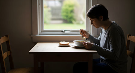 A woman sits alone at a wooden table eating a bowl of vegetable soup with a slice of bread. The scene is lit by natural light from a window, evoking a sense of quiet solitude and simple, healthy dining.の素材