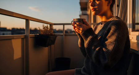 A young woman stands on a balcony holding a mug, bathed in the warm golden light of sunset. The image conveys relaxation, enjoying a morning or evening beverage, and a peaceful lifestyle.の素材