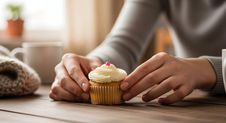 A pair of hands gently holds a vanilla cupcake topped with swirled white frosting and a pink candy pearl. The cozy, warm-toned image suggests a homemade treat, celebration, or a moment of indulgence.の素材