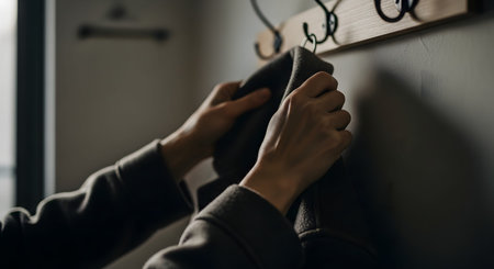 Hands reach to take a warm grey coat off a hook on a wooden rack in an entryway. The action signifies leaving the house, preparing for cold weather, or the daily routine of arriving home.の素材
