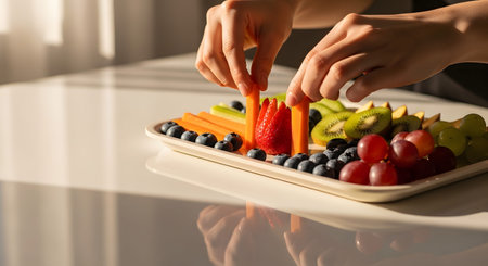 Close-up of hands carefully arranging colorful fresh fruits and vegetable sticks, including carrots, strawberries, kiwi, and grapes, on a white serving tray. The scene is illuminated by warm natural light that casts distinct shadows, highlighting the freshness and vibrant colors of the healthy snack platter.の素材