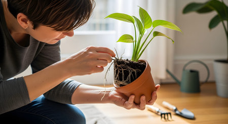 A woman carefully lifts a green plant from its terracotta pot to inspect the root system. The image focuses on the technical aspects of gardening, such as repotting and checking for root health.の素材