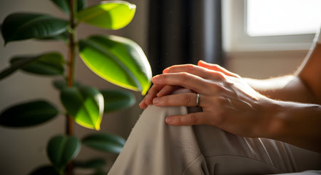 Close-up of hands with a wedding ring resting calmly on a knee, with a green rubber plant in the background. The sunlit image suggests relaxation, patience, or a moment of quiet reflection at home.の素材