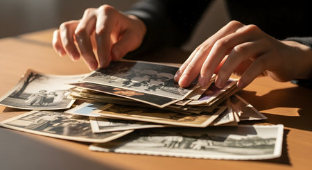 Hands carefully sort through a scattered pile of vintage black and white photographs on a wooden table. The image evokes feelings of nostalgia, family history, and remembering the past.の素材