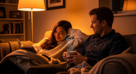 A cozy evening scene of a couple relaxing on a sofa under warm lamp light. The woman is reading a book while the man holds a mug and looks at her affectionately, capturing a peaceful moment of domestic intimacy.の素材