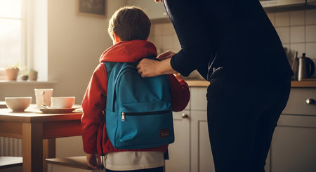 A mother helps her young son put on a blue backpack in a sunlit kitchen, preparing for a school day. The warm morning light and domestic setting highlight themes of parenting, care, and family routines.の素材