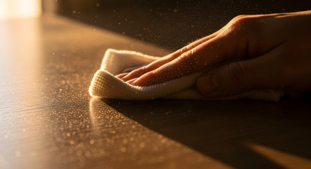 A hand wipes a wooden table with a cloth, illuminated by a beam of sunlight that reveals floating dust particles. The image details the process of cleaning and maintaining a home, highlighting hygiene and domestic chores.の素材