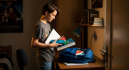 A young boy stands at his desk in a dimly lit bedroom, packing books and supplies into a blue backpack. The scene captures a focused moment of academic preparation or getting ready for the school day.の素材