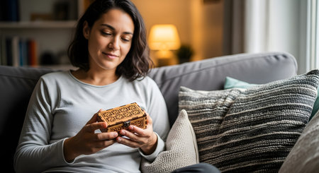 A woman sitting on a couch admiring a small, intricately carved wooden box in her hands. She appears nostalgic, curious, or appreciative of the keepsake, jewelry box, or gift.の素材