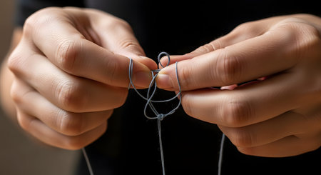 Close-up of hands manipulating a thin grey string, seemingly tying a knot or untangling a mess. The detailed shot focuses on dexterity and the concept of problem-solving or complexity.の素材