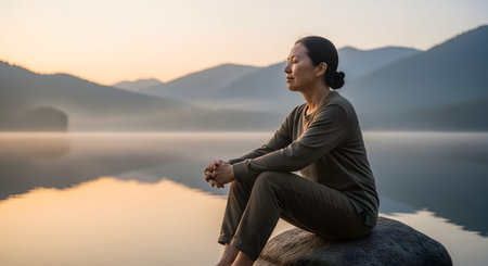 A woman sits on a rock by a calm lake in a meditative pose, with her eyes closed and hands resting on her knees. The background features misty mountains and a soft sunrise, creating a serene atmosphere for mindfulness and wellness.の素材