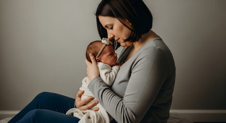 A tender profile shot of a mother holding her newborn baby close to her chest, touching her forehead to the baby's head. The image captures the deep emotional bond, warmth, and love of early motherhood.の素材