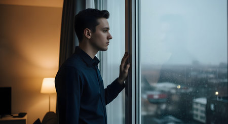 A young man stands in profile by a large window, looking out at a gloomy, rainy cityscape. The mood is contemplative, melancholic, or pensive, suggesting deep thought or feelings of isolation.の素材