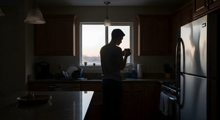 A silhouette of a young man standing in a kitchen, drinking from a mug while looking out the window at the sunrise. The scene captures a quiet moment of morning routine and contemplation before the day begins.の素材