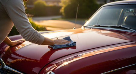 A close-up view of a man's hands polishing the hood of a classic red car with a blue microfiber cloth. The warm sunset light reflects off the glossy surface, highlighting the vehicle maintenance process.の素材