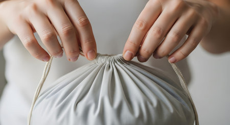 A close-up of a person's hands pulling the drawstrings of a white cotton bag tight. This action suggests packaging, laundry organization, gift giving, or securing items in an eco-friendly reusable pouch.の素材