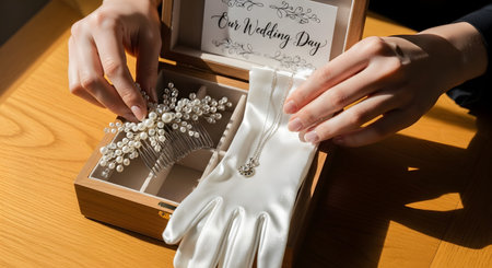 A bride's hands carefully arrange wedding accessories, including a pearl hair comb, a necklace, and white gloves, into a wooden keepsake box. The sunlit close-up highlights the sentimental value and organization of bridal details.の素材