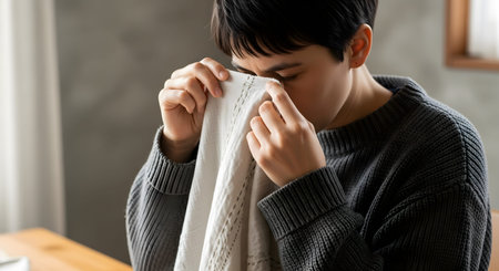 A person holding a clean, folded linen cloth to their nose, inhaling the fresh scent of laundry. The image conveys a sense of comfort, hygiene, and the simple pleasure of clean housekeeping.の素材