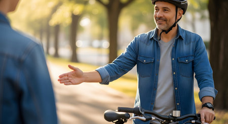 A man wearing a bicycle helmet and denim shirt smiles warmly while extending his hand for a handshake outdoors. Standing next to his bike in a park-like setting, he appears friendly and ready to greet an acquaintance or introduce himself.の素材