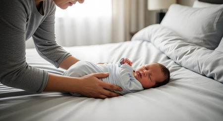 A peaceful newborn baby lying on a large bed while a parent's hands gently adjust the swaddle. The image focuses on the tiny infant and the protective gesture of the mother in a soft, domestic setting.の素材