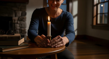 A woman sits at a wooden table illuminated by a single candle in a dark room, with books and glasses resting on the surface. The scene evokes a sense of peace, solitude, and quiet study or reflection.の素材