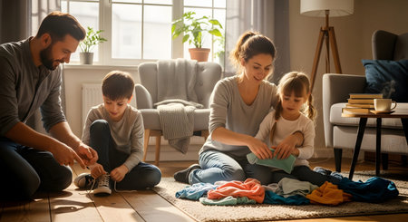 A family is gathered in their sunlit living room, with the father helping his son tie shoelaces and the mother and daughter folding laundry together. It depicts a warm moment of domestic cooperation and parenting.の素材