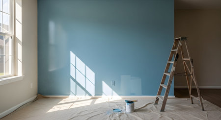 An interior room undergoing renovation, featuring a partially painted blue wall, a wooden ladder, and painting supplies on a drop cloth. Sunlight streams through the window, creating geometric shadows and highlighting the home improvement process.の素材
