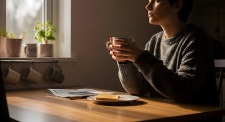 A close-up of a person holding a warm mug of coffee at a wooden table, bathed in soft morning sunlight. The image focuses on the comfort of a morning routine and a peaceful breakfast moment.の素材
