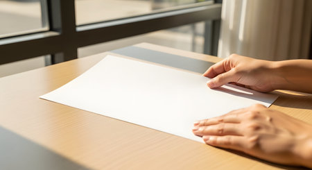 Close-up of hands holding a blank white sheet of paper on a wooden table near a sunlit window. The natural light casts shadows, highlighting the empty space perfect for text, messages, or mockups.の素材