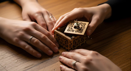 A close-up of a couple's hands gently opening a small, intricate wooden music box featuring a ballerina figurine. The scene evokes nostalgia, romance, and the sharing of precious memories or gifts.の素材