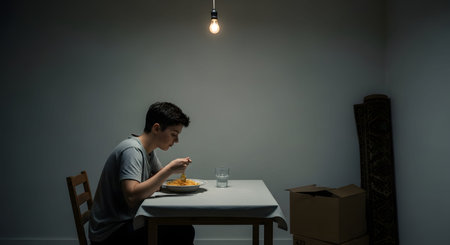A person sits alone at a small table eating a meal of pasta under the harsh light of a single bare bulb. The room is sparse, containing only a few moving boxes and a rolled rug, evoking a sense of loneliness or the first night in a new apartment.の素材