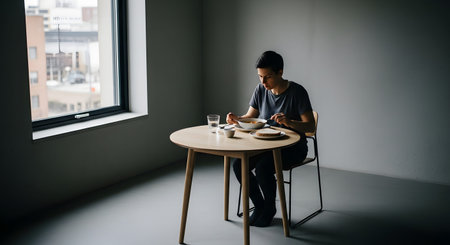 A person sits alone at a small wooden table eating a meal of soup and bread in a minimalist room with a large window. The natural light from the window illuminates the solitary figure, creating a quiet and slightly somber atmosphere.の素材