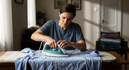A focused woman stands at an ironing board, pressing wrinkles out of a light blue shirt. The scene captures a common household chore and the concentration required for garment care.の素材