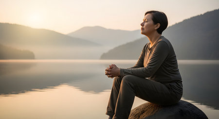 A serene woman sits on a rock by a tranquil lake, meditating with closed eyes during a misty sunrise. The golden light illuminates her peaceful expression with mountains in the background, symbolizing mindfulness and spiritual connection.の素材