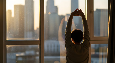 A person stands facing a large window, stretching their arms overhead while looking out at a city skyline during sunrise. The silhouette against the urban backdrop represents waking up, wellness, and starting a new day.の素材