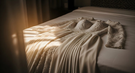 A beautiful white wedding dress with intricate lace details is laid out on a bed. Soft sunlight highlights the texture of the fabric, setting a romantic tone for bridal preparations.の素材