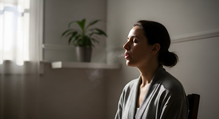 A profile view of a woman exhaling, with her breath visible as steam in the cold air. The lighting highlights the vapor, suggesting a cold room, winter atmosphere, or perhaps a focus on breathing exercises and health.の素材