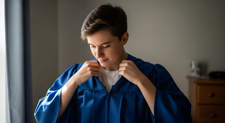 A young graduate smiles slightly while adjusting the collar of a blue graduation gown. The image captures a moment of preparation and pride before a commencement ceremony, highlighted by natural lighting.の素材