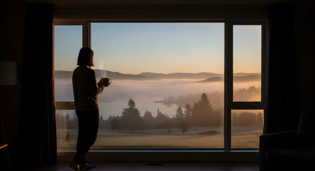 A person stands by a large picture window holding a steaming mug, gazing out at a breathtaking sunrise over a foggy valley and mountains. The silhouette against the golden light creates a serene and contemplative mood, perfect for morning relaxation.の素材